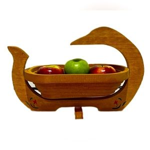 Vintage Collapsible Basket to Trivet. Wooden. Goose/ Swan/ Duck. Painted Stencil